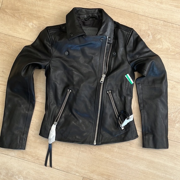 ALLSAINTS Neve Sheepskin Leather Biker Jacket BLACK SIZE 0 - Picture 4 of 10